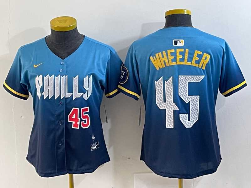 Womens Philadelphia Phillies #45 Zack Wheeler Blue 2024 City Player Number Cool Base Stitched Jerseys